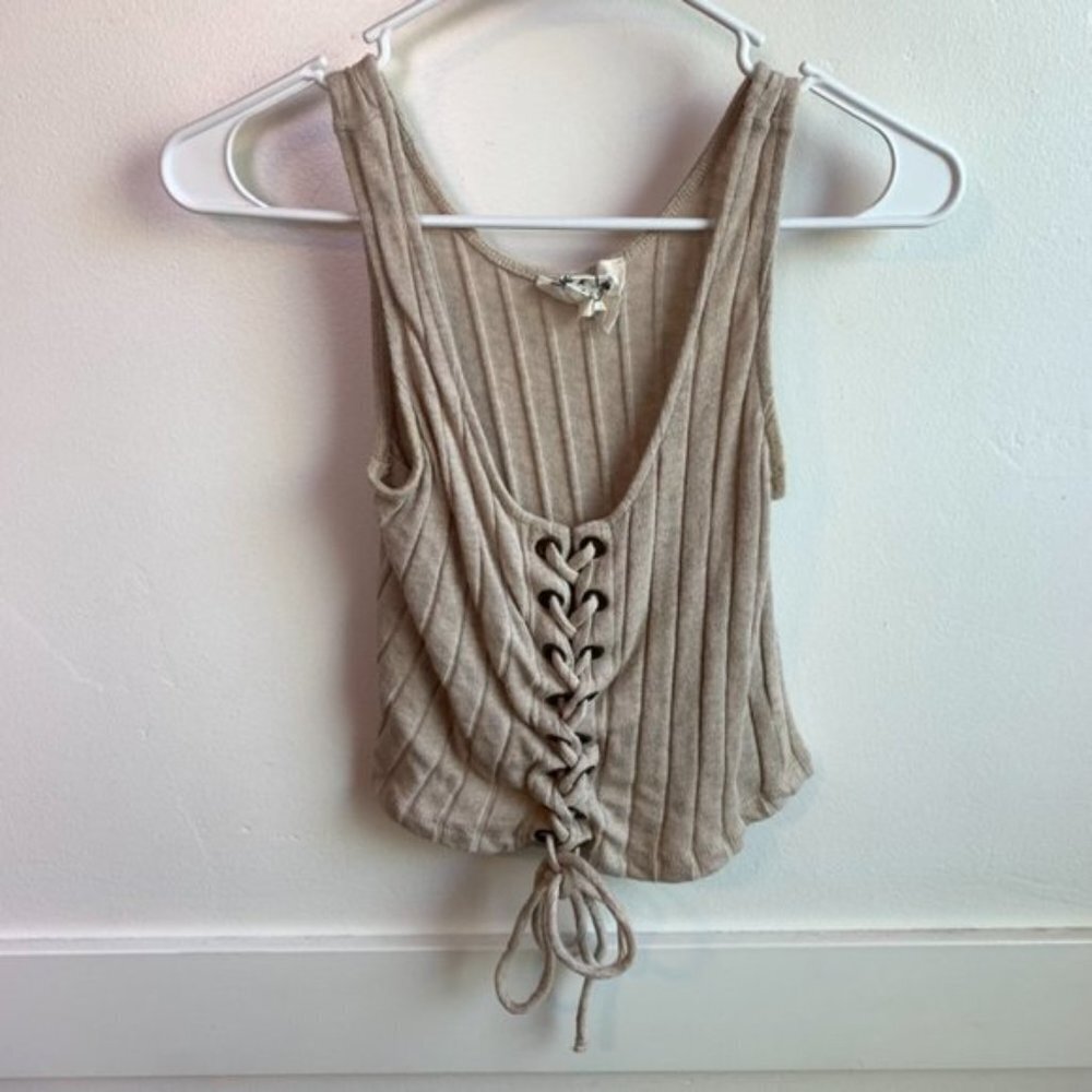 Sadie & Sage Tan Ribbed Lace Up Crop Top